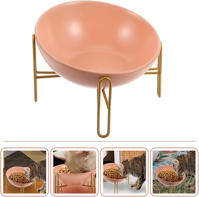 Ship-Shaped Cat Bowl 300ml Small Ceramic Raised Feeder with Orange Iron Rack for Elevated Pet Feeding and Watering Supplies