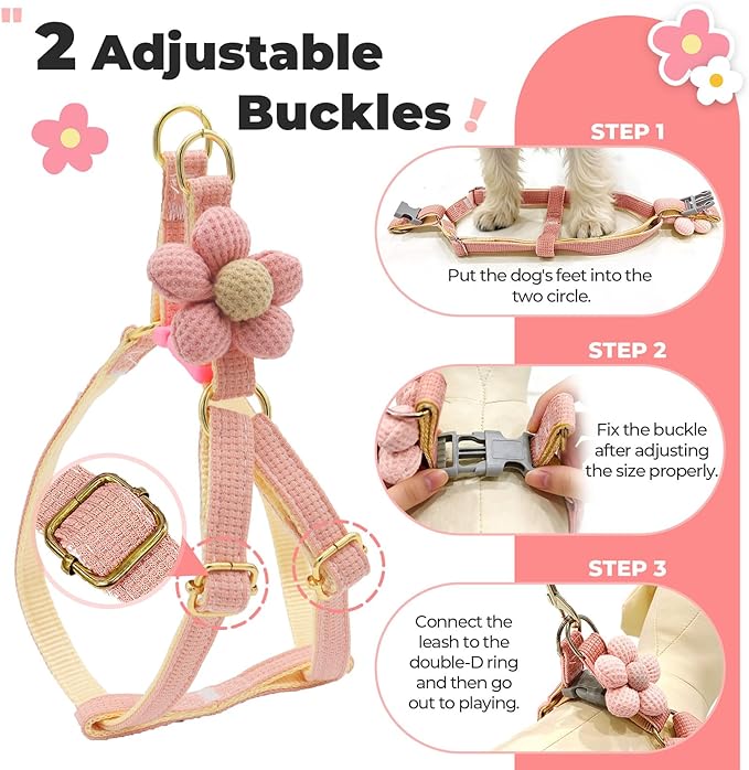 PETCARE Cute Flower Dog Harness and Bowtie Leash Set Easy Walk Puppy Dog Halter Harnesses for Small Dogs Girl Step in Dogs Harness with Buckle (Pink, Chest Adjustable 13"-20", Rope Width 0.79")