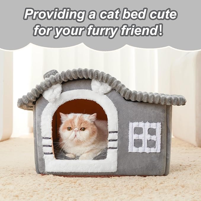 Jiupety Bear Cat Houses for Indoor Cats, Chimney Cute Cat Bed Cave, Enough Interior Space, Cartoon Soft Pet House Up to 3-10 lbs Kitten, Gray