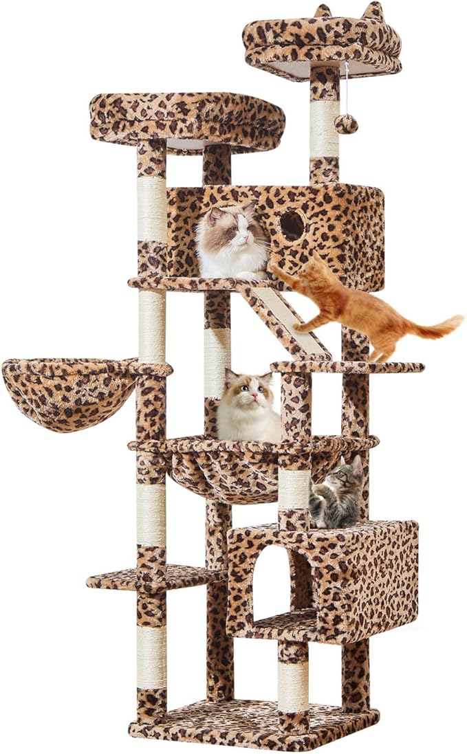 Taoqimiao Cat Tree 71-Inch, Cat Tower for Indoor Cats Large Adult, Multi-Level Large Cat Condo, 8 Sisal Scratching Posts, Metal Frame Cozy Hammock, Scratch Board, 2 Top Perches, Leopard Print MS026LBW