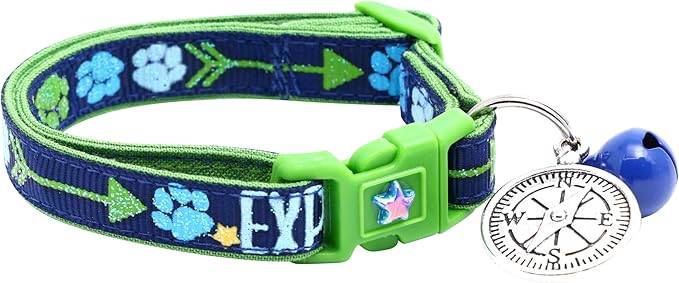 Explore Cat Collar with Charm & Bell | Safety Breakaway Collar | Adjustable Large Size or Kitten Collar (Navy, Small(10lbs & Less))
