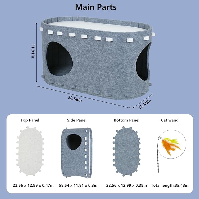 Cat Houses for Indoor Cats, Cozy Cat Beds for Indoor Cats,Cat Bed Cave, Felt Cat Cave Condo for Large Cats Up to 22 Lbs, Scratch Resistant Gray Hideaway (Grey, 22.5 * 12.9 * 11.8)