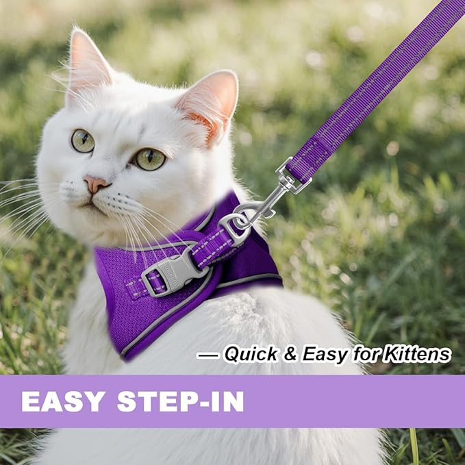 Cat Harness and Leash Set,Escape Proof Kitten Harness,Step in Adjustable Soft Lightweight,Easy Control,Reflective Strips Comfortable for Walking Travel(Purple,S)