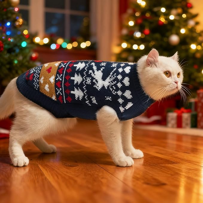 PUPTECK Christmas Cat Sweater, Soft Warm Turtleneck Pet Winter Clothes, Kitten Sweater Apparel, Knitwear Coat for Cats Puppy Outfit Cold Weather Clothes, Navy Blue S