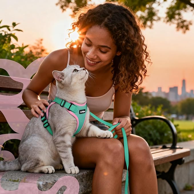 rabbitgoo Cat Harness and Leash for Walking, Escape Proof Soft Adjustable Vest Harnesses for Cats, Easy Control Breathable Reflective Strips Jacket, Green&Pink, XS