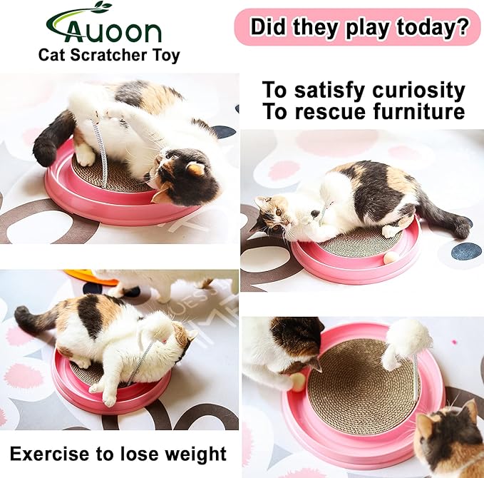 AUOON Cat Scratcher Toy with Ball Track - 3 in 1 Interactive Cat Toy, Cat Scratch Pad with Cat Ball Toy and Plush Cat Mouse Toy for Indoor Cats and Kittens (Milk Shake)