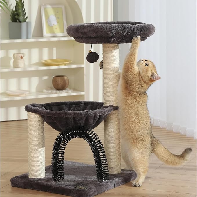 Small Cat Tree Tower for Indoor Cats, 27.8" Multi-Level Cat Tree with Scratching Posts| Plush Hammock| Perch| Self Groomer Brush| Dangling Ball for Kittens/Small Cats Play & Rest