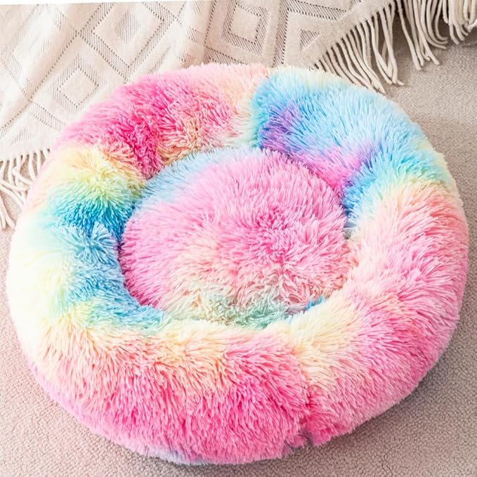 Colorful Cat Bed for Indoor Cats, Calming Donut Dog Bed for Small Dogs Puppies,Cama para Gatos Cat Cave Up to 10LB,Soft Washable Anti-Slip Pet Sleeping Bag, 17.5inch