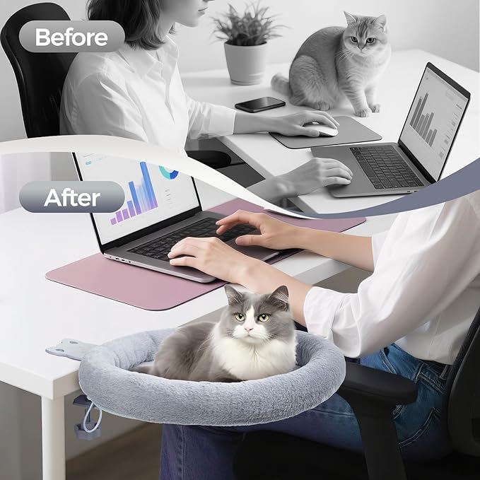 Cat Desk Bed,Steel Cat Bed for Desk,Easy to Assemble,Machine Washable and Detachable Easy to Clean,180° Rotating Cats Hammock Desks for Office Game Tables,Supports to 40lbs(Gray)