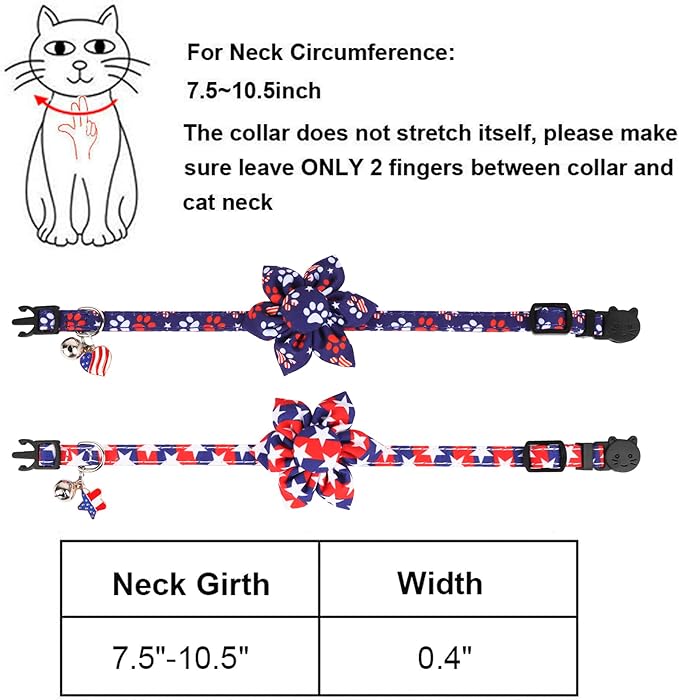 ADOGGYGO American Flag Cat Collars with Removable Flower Bell, Adjustable Red Blue 4th of July Flag Pattern Floral Collars for Cats Kittens