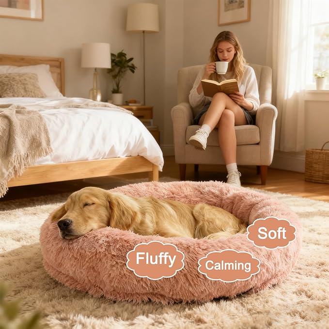 Calming Dog & Cat Beds with Orthopedic Egg-Crate Foam Raised Rim, Soft Long Plush Pet Sofa Couch Bed for Medium Dogs, Anxiety Relief Spine Support, Machine Washable (Round, Blush Pink 28")