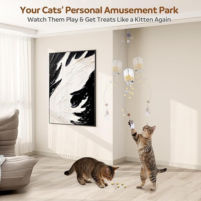 2-in-1 Hanging Cat Toy for Indoor Cats, Interactive Door Hanging Teaser & Treat Dispenser, Self Play Kitten Toy with Feather, Springs & Rope, Boredom Relief for Home Alone Cats