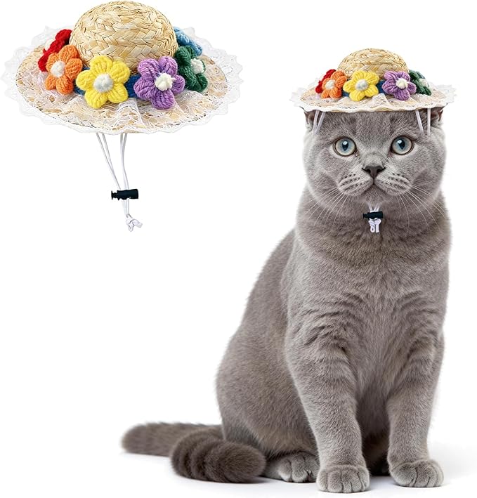 NACOCO Cat Hat Sunflower Straw Hat Handcrafted Rose Lovely Sun Cap Accessories for Small Dogs and Cats Photograph (M, Multiple Flower)