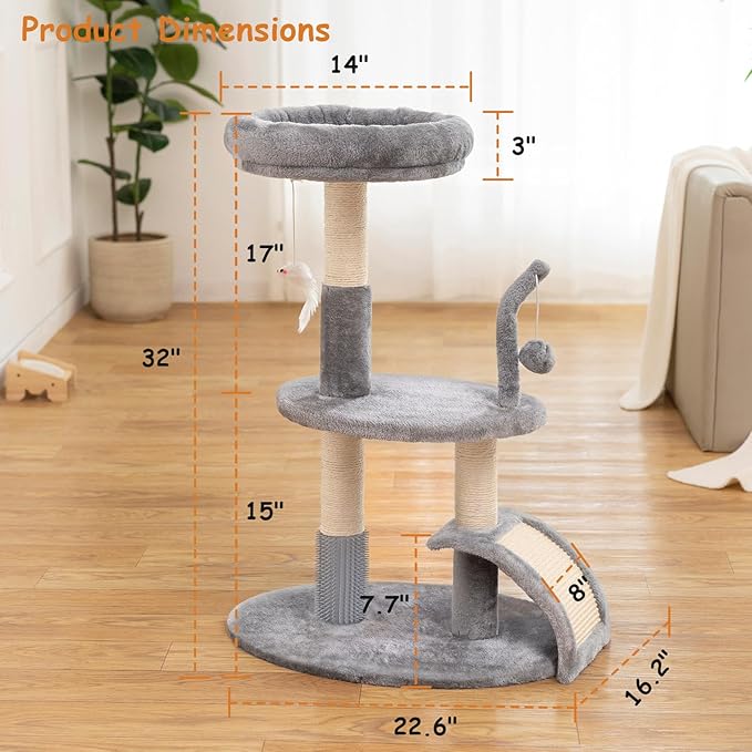 Goozii Large Cat Tree Tower with Scratching Post, Modern Kitten Tower for Indoor Cats, Sturdy Tall Carpet Sisal Cat Scratcher Stand with Big Bed Perch,Scratch Ramp,Ball Toy for Kitty Play -Grey