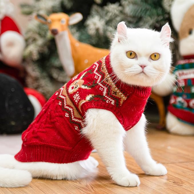 PUPTECK Winter Cat Sweater Coat - Soft Warm Cold Weather Clothes Knitwear for Kittens & Small Dogs Indoor Outdoor Wearing, Knitted Classic for Doggies Kitties Girls Boys, Christmas Deer, S