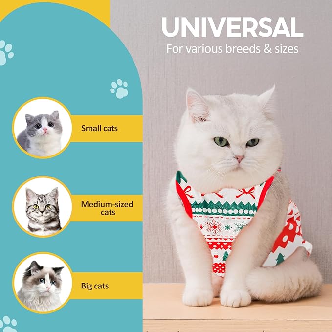 Avont Cat Recovery Suit - Kitten Onesie for Cats After Surgery, Cone of Shame Alternative Surgical Spay Suit for Female Cat, Post-Surgery or Skin Diseases Protection -Christmas(L)