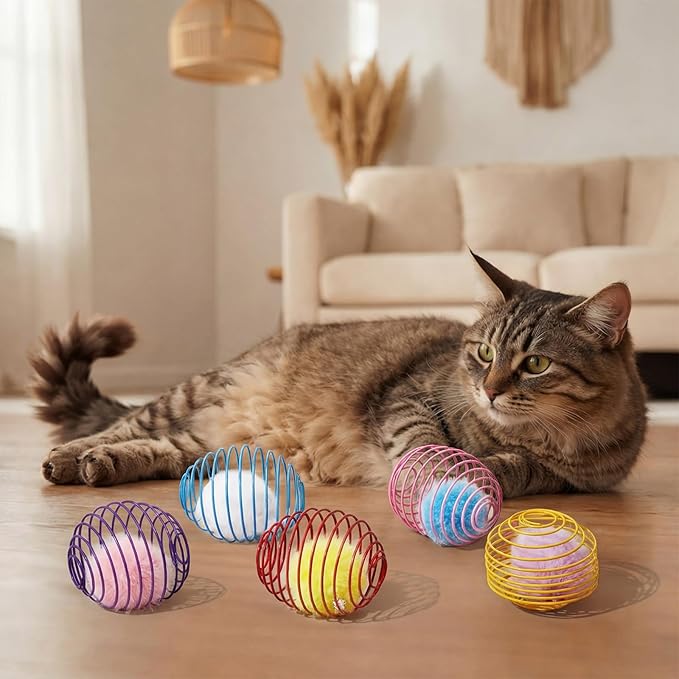 Jecery 5 Pcs Cat Spring Toys Stretchable Rolling Balls Colorful Playful Coils Interactive Action Toy Caged Rats for Kitten Pet Supplies (Pom-pom with Bell,Multicolor)