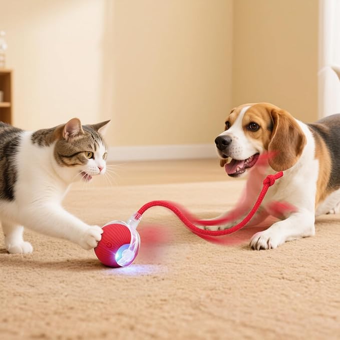 Smart Interactive Automatic Electric Rolling Moving Rechargeable Motion Activated Self Solo Play Electronic Stimulation Chase Teaser Ball Toy with Rope for Indoor Bored Adult Cat and Dog, Green