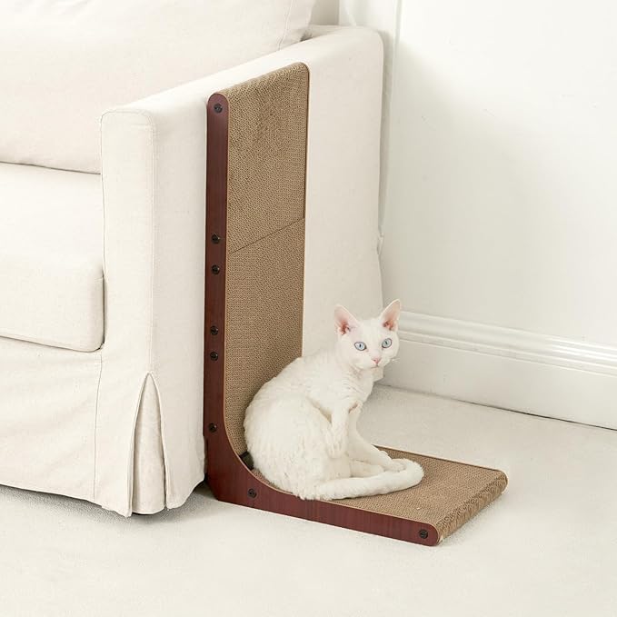EHEYCIGA Cardboard Cat Scratcher for Indoor Cats, 32 Inch L Shaped Vertical Cat Scratching Board with Ball Cat Toy, Extra Large Cat Scratcher Pad, Dark Brown