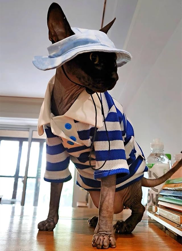 Sphynx Cat Shirt Cotton Hairless Kitten Polo T-Shirt with Sleeves Pullover Cat Pajamas for Sphynx Cornish Rex, Devon Rex, Peterbald (Blue White Polo, XX-Large)