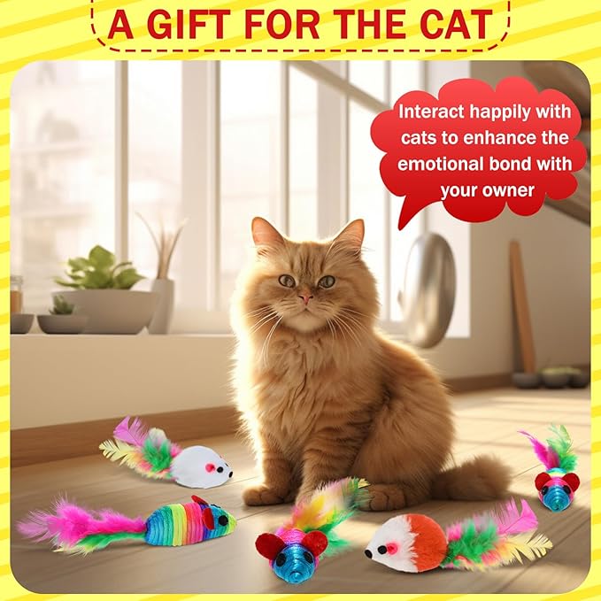 100 Pcs Furry Cat Toys Mice Bulk Rattle Sound Rainbow Mouse with Fuzzy Toys for Indoor Kitten Small Mouse Interactive Catch Play Assorted Color