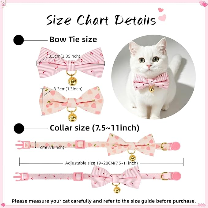 2 Pack Cat Collars with Removable Bow Tie and Bell, Adjustable Breakaway Kitten Collar, Cute Pink Cherry & Heart Print Pet Collar for Cats.(Adult Cat,Pink+Pink)