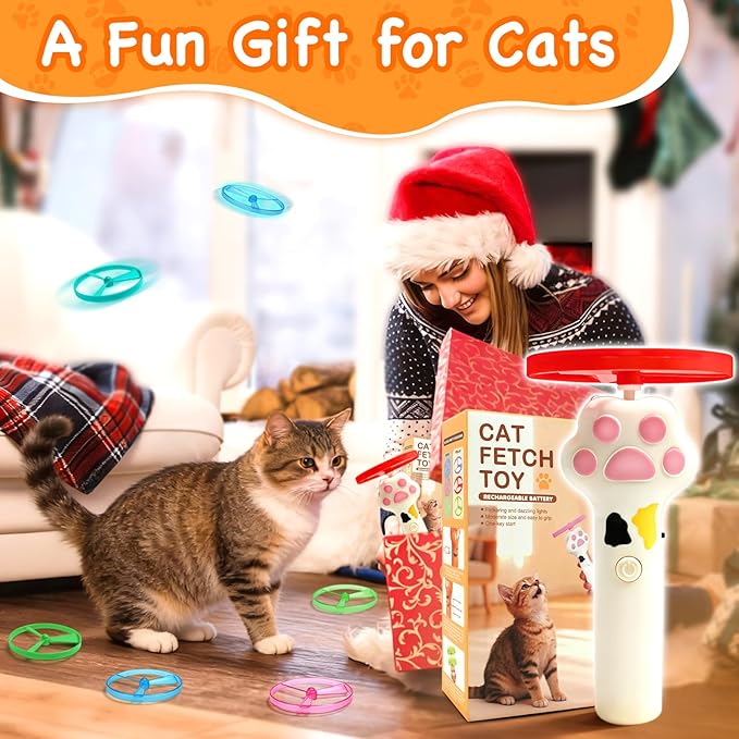 Cat Fetch Toy, Flying Cat Toy Disc Launcher with 6 Soft & Flexible Discs, Cat Toys for Indoor Cats, Interactive Cat Toy for Bored Kittens & Adult Cats