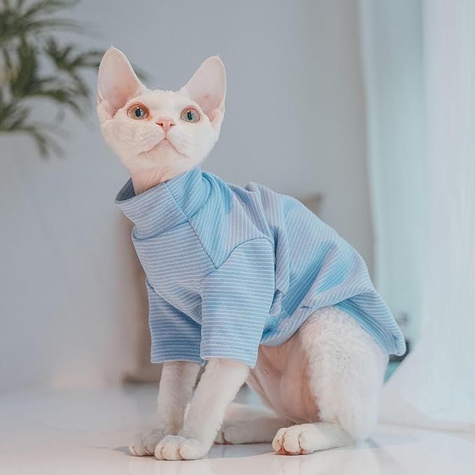 Sphynx Cats Warm Fleece Shirt Cat Turtleneck Undershirt Thermal Hairless Cat Clothes for Sphynx, Devon, Cornish Cat Clothes and Small Kitten and Dogs (Blue Pinstripe, Small)