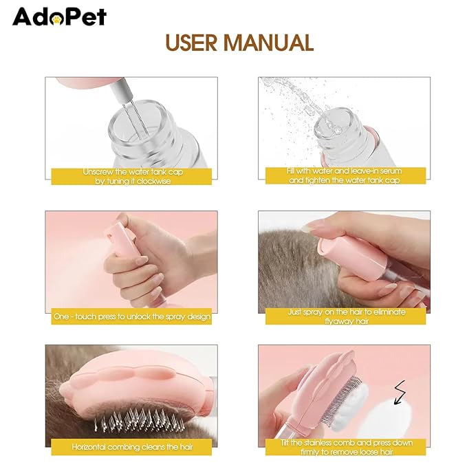 Pet Grooming Brush โ Cat Paw Design Self-Cleaning Slicker with Water Spray, Rounded Bristles for Dogs & Cats, Removes Loose Hair & Tangles