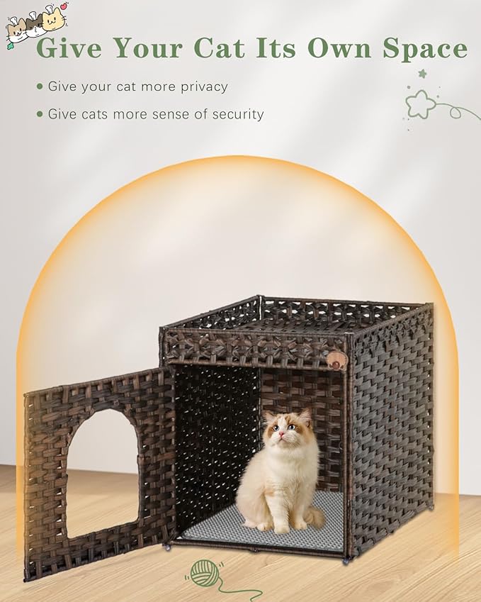 SETVSON Cat Litter Box Enclosure Furniture, Hidden Litter Box with Mat and Fence, Handwoven Rattan Cat House with Two S-Shaped Hooks for Living Room, Bedroom, 18.5 x 20.5 x 19.1 Inches (Brown)