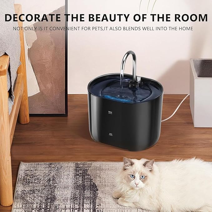 Automatic Cat Water Fountain, 2.2L Pet Fountain, Silent Dog Water Dispenser with Replacement Filters and Stainless Steel Tray for Cats, Dogs, Multiple Pets,Black
