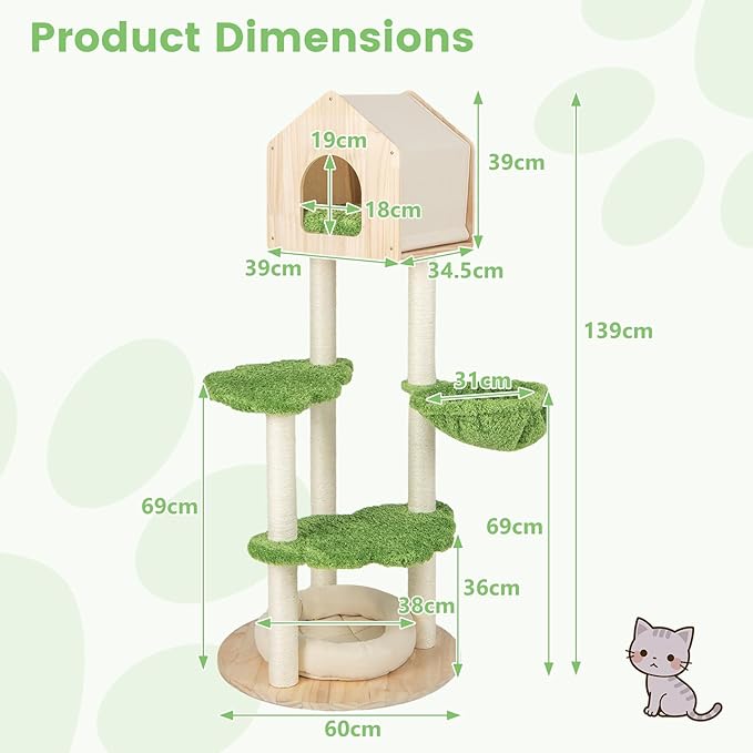PETSITE 55 Inches Tall Wood Cat Tree, Multi-Level Modern Cat Tower with Sisal Scratching Posts, Condo, Side Hammock and Bed, Ideal for Indoor Cats