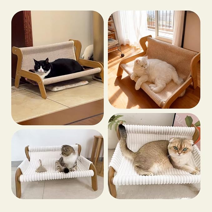 3-in-1 Elevated Cat Couch Bed for Indoor Cats– Wooden Pet Sofa with Removable Plush Cover, Sisal Scratcher & Rattan Mat – Raised Kitty Lounge Chair for Indoor Cats and Small Dogs