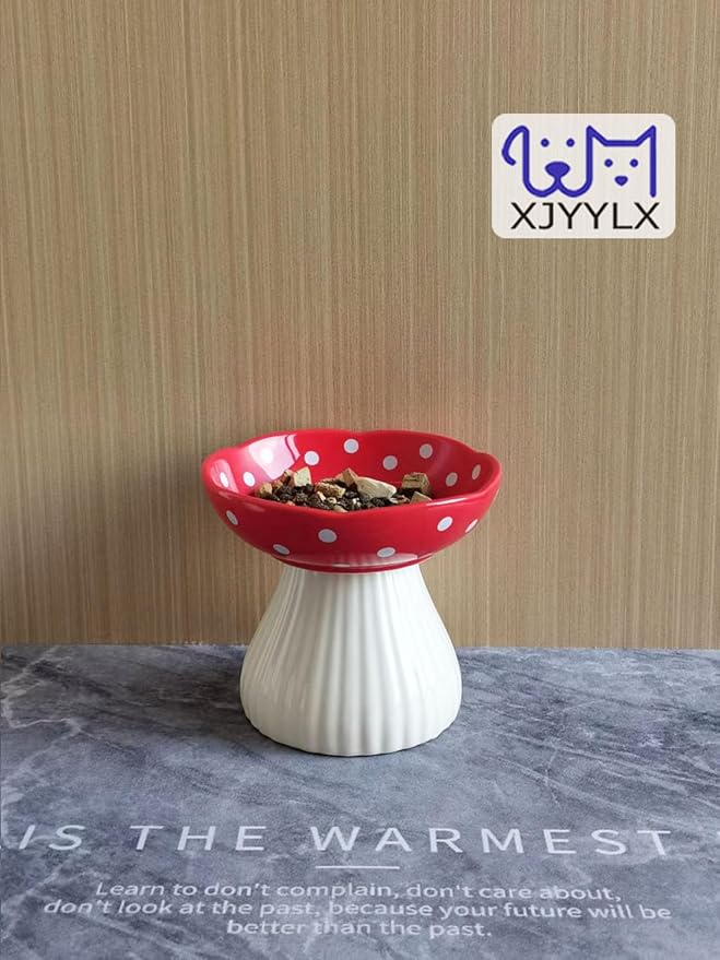Mushroom Elevated Cat Bowls Ceramic, Raised Cat Bowl for Indoor Cats, Cute Whisker Fatigue Cat Bowl, Raised Dog Bowls Stand for Food and Water, Red 6" Wide for Adult Cats