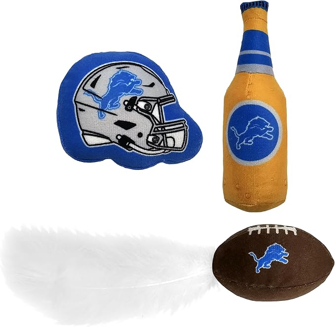 Best Plush CAT Toy - NFL Detroit Lions Complete Set of 3 piece Cat Toys Filled with Fresh Catnip. Includes: 1 Helmet Cat Toy, 1 Football Cat Toy with Feathers & 1 Beer Bottle. Beautiful Team Logos