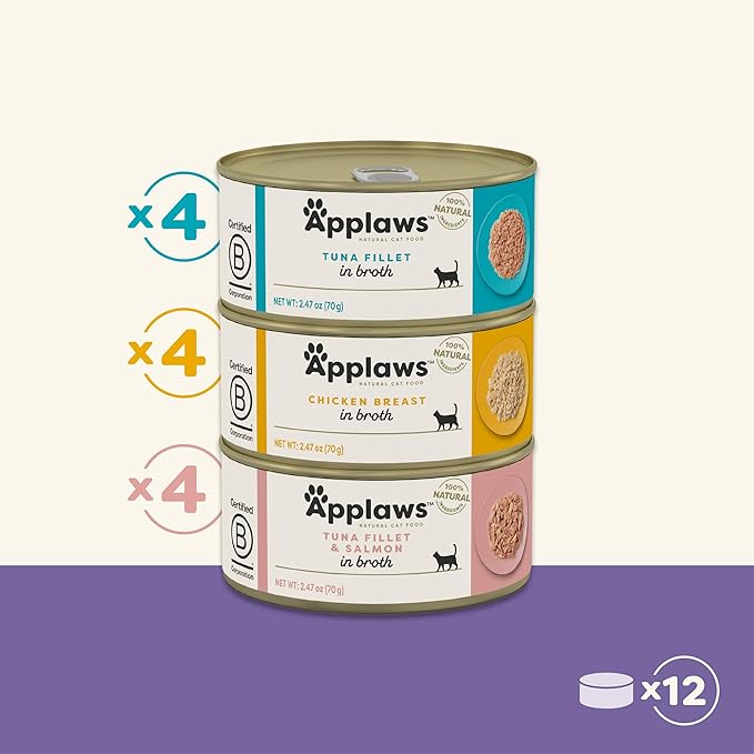 Applaws Natural Wet Canned Cat Food, Limited and Natural Ingreidents, High Protein with No Artificial Additives, Variety Pack in Broth (12 x 2.47oz Cans)