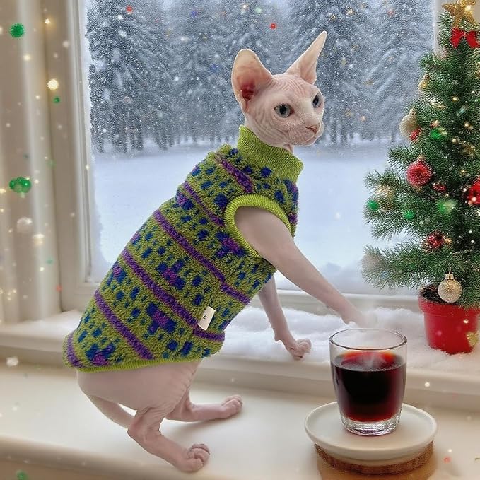 Sphynx Cat Winter Sweater, Warm Soft Fluffy Pet Clothes, for Hairless Cats, Cornish Rex, Devon Rex (Green, S (2.5-3.5 lbs))