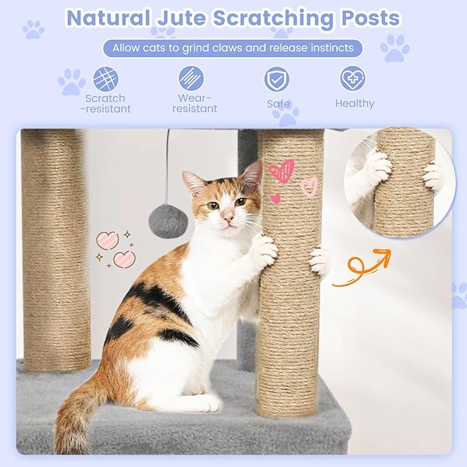 Tangkula 64 Inch Tall Cat Tree, Multi-Level Cat Tower with 2 Large Condos, Jute Scratching Posts, Plush Top Perch, Dangling Toys, Cat Climbing Furniture for Indoor Adult Cats & Kittens (Light Gray)