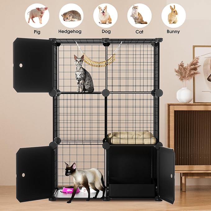 PAWING Cat Enclosure Indoor with Litter Box, 3-Tier Metal Wire Cat Cage, DIY Detachable Design for Cats, Kittens & Small Animals, Multi-Level Kennel