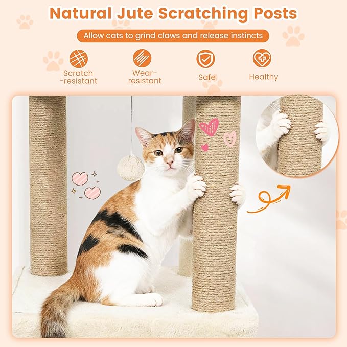 Tangkula 64 Inch Tall Cat Tree, Multi-Level Cat Tower with 2 Large Condos, Jute Scratching Posts, Plush Top Perch, Dangling Toys, Cat Climbing Furniture for Indoor Adult Cats & Kittens (Beige)