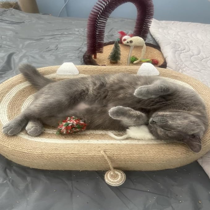 Cat Scratcher Bed 3 in 1 Sisal Cat Scratching Board for Indoor Oval Cat Scratch Pad Durable Scratching Lounge Bed Round Bowl with Toy Balls for Cats Kitten Puppy (24"x15.7"x3.5")