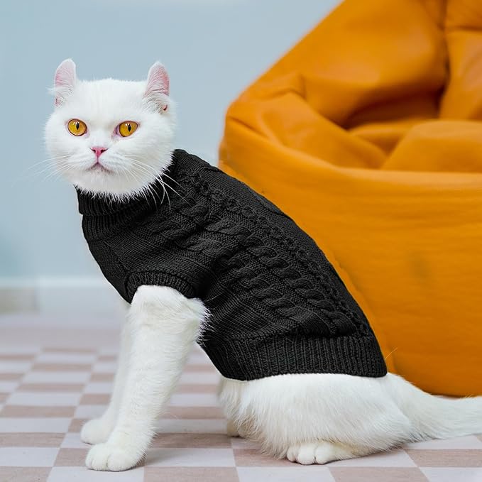 PUPTECK Winter Cat Sweater Coat - Soft Warm Cold Weather Clothes Knitwear for Kittens & Small Dogs Indoor Outdoor Wearing, Knitted Classic for Doggies Kitties Girls Boys, Black, L
