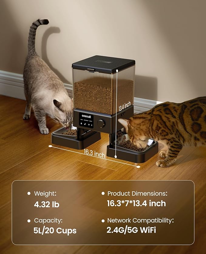 oneisall Automatic Cat Feeder with 5G WiFi, Automatic Cat Food Dispenser for 2 Cats Small Pets, 20 Cups/5L Timed Dry Food Dispenser with APP Control
