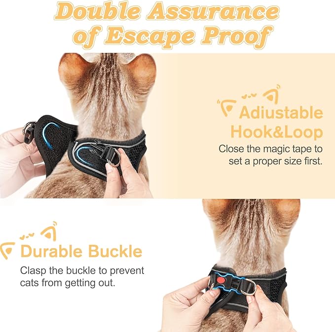 Cat Harness and Leash for Walking Escape Proof, Adjustable Kitten Vest Harness Reflective Soft Mesh Puppy Harness for Outdoor, Comfort Fit, Easy to Control (Black, M)