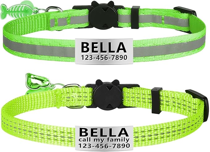 La Reine 2 Pack Cat Collar with Name Tag, Personalized Reflective Cat Collar Breakaway with Bell and Fish Bones and Heart Pendant (Green)