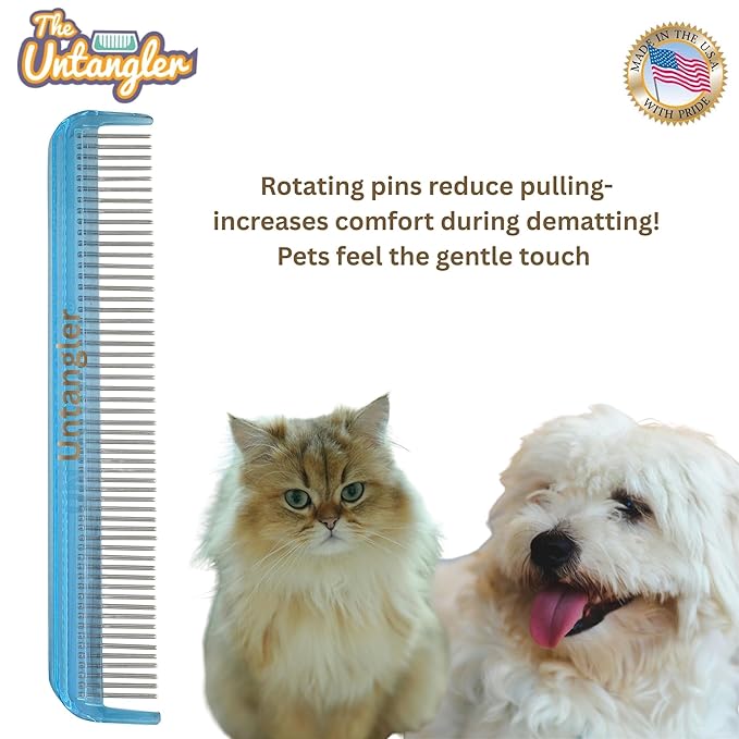 Cat Comb with silky smooth rotating teeth, 7 inch, Sky Blue
