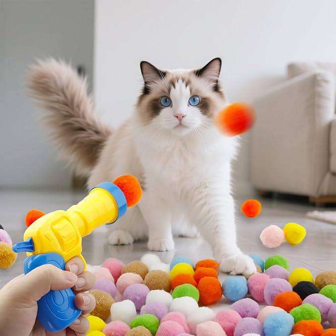 120 Pcs Cat Pom Pom Balls with 2 Pcs Launchers, Plush Exciting Interactive Cat Toys for Indoor Cats, Silent Soft Kitty Toys Ball Launcher Set, Active Kitten Toy Supplies