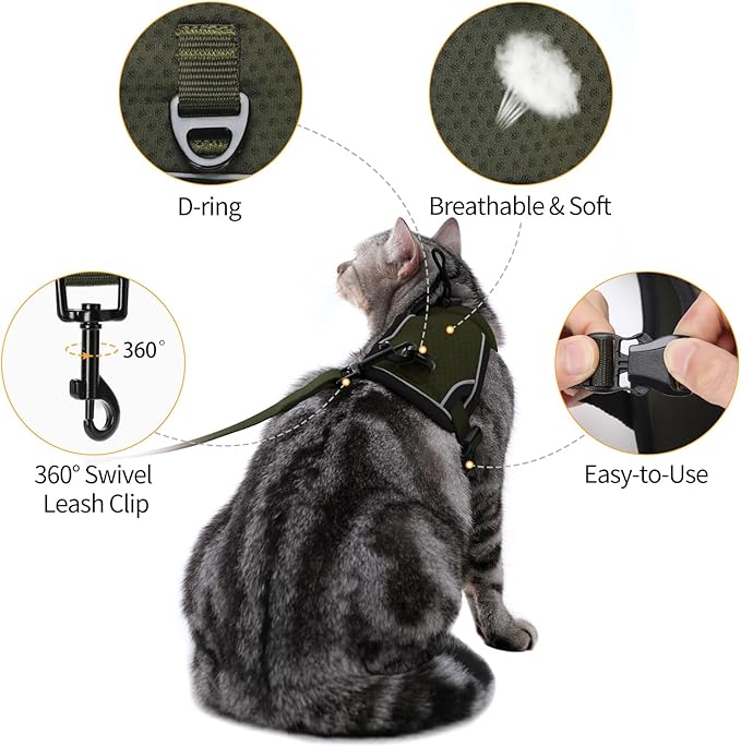 LIANZIMAU Cat Harness and Leash Escape Proof,Adjustable Cat Harness for Outdoor Walks with Reflective Strip, Lightweight and Soft Mesh Vest