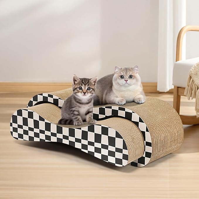 FluffyDream 2 in 1 Cat Scratcher Cardboard Lounge Bed, Cat Scratching Post, Durable Board Pads Prevents Furniture Damage,Large,Checkerboard