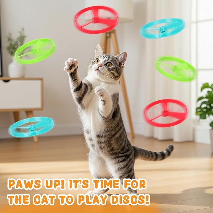 Interactive Cat Fetch Toy - 15 PCS Flying Spinners for Disc Launcher Toy Best Cat Hunting Toys for Indoor Outdoor Cats (15, Blue&Green&Red)